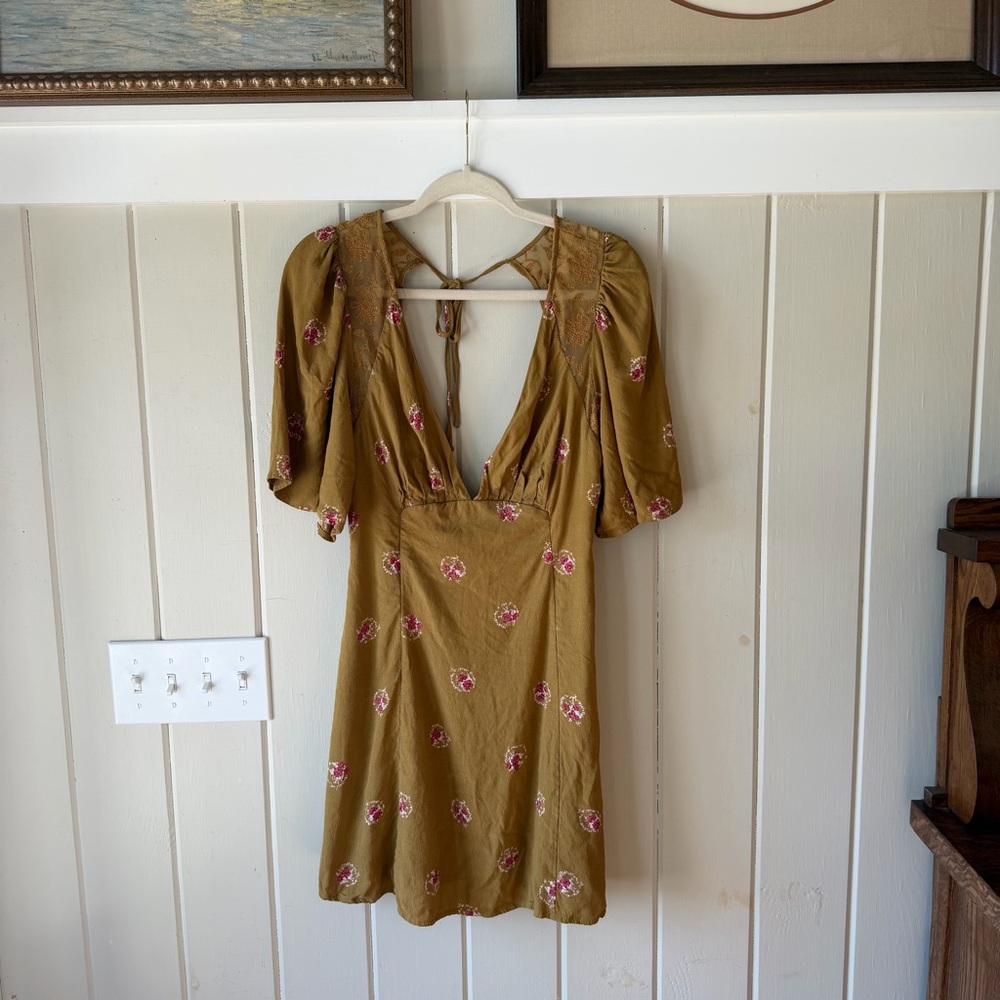 Free People Olive Green Mini Dress with Pink Floral Print